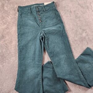 American Eagle Super Hi-Rise Flare Button Fly Corduroy Pants Size 4 Teal Green